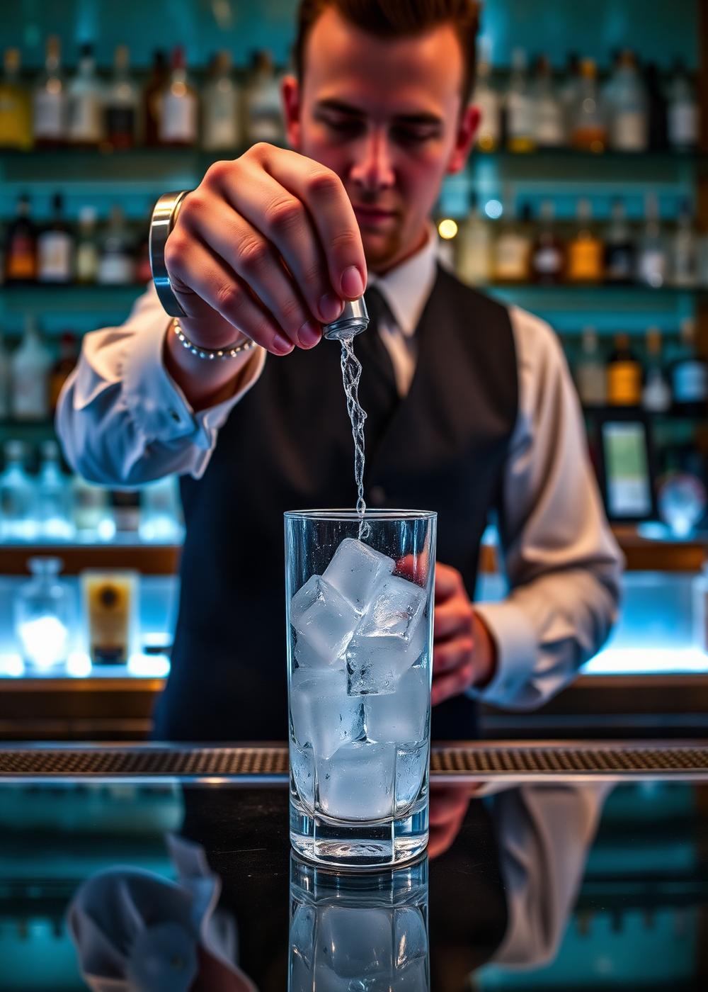 Bartender a preparar bebida com gelo em cubos